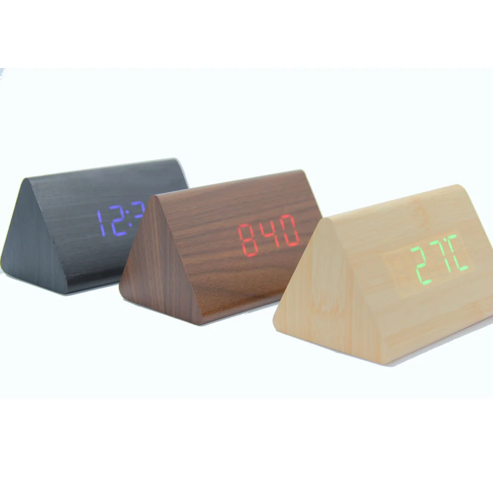 

Triangle LED Wooden Alarm Clock Control Desk Clock Thermometer Indoor Celsius Fahrenheit Temperature