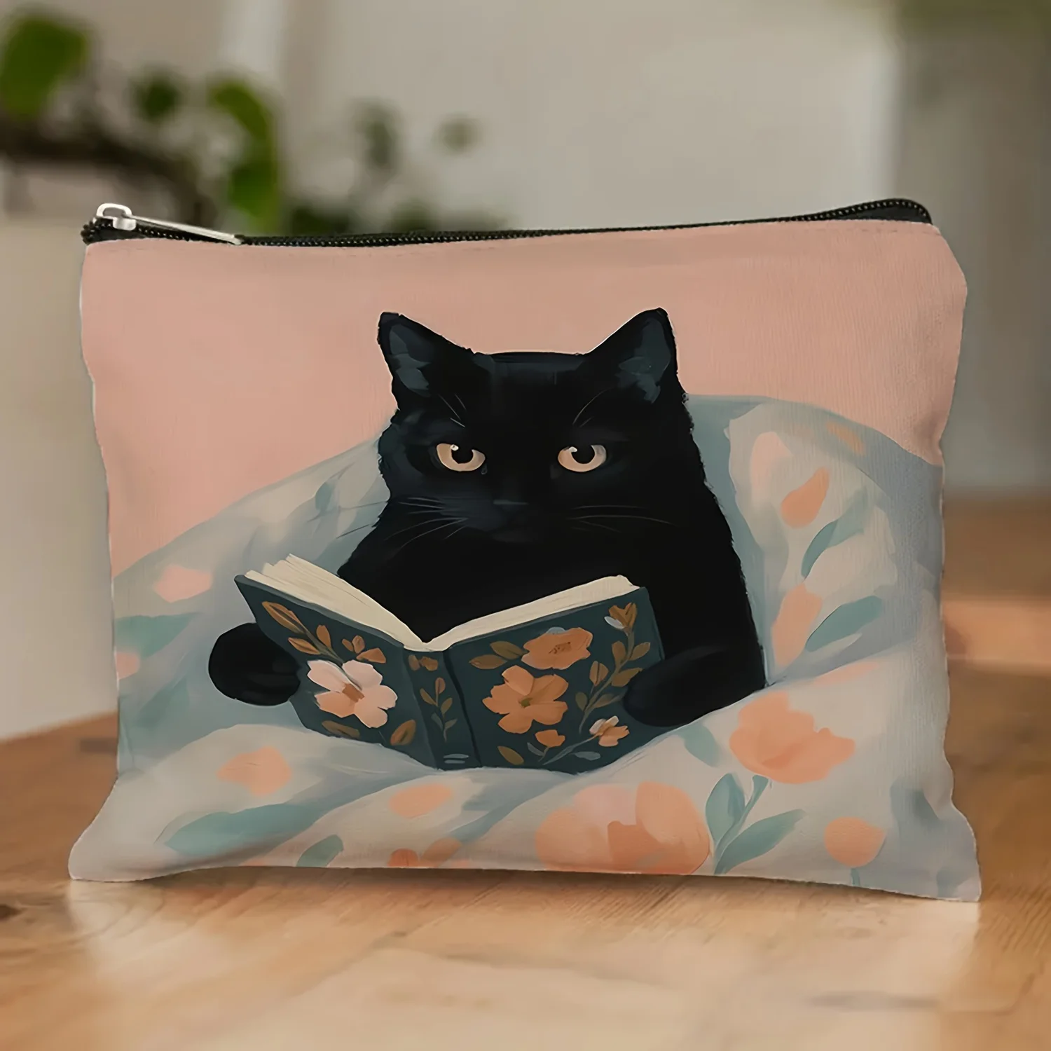 

A Black Cat Reading Book Makeup Bag- Multifunctional Zipper Pouch, Jewelry Storage Bag, Perfect Travel Zipper Small Storage Bag.