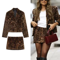 TRAF Leopard Skirt Sets For Women 2 Pieces Outfit Long Sleeve Blazer Outerwear Mid Waist Mini Skirt Elegant Velvet Lady Suits