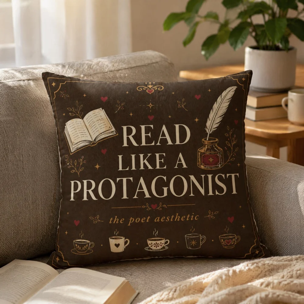 Full Filled Decor Throw Pillow Vintage Book Coffee Cup Poet Aesthetic Pattern Square Complete Cushion for Reading Room Sofa