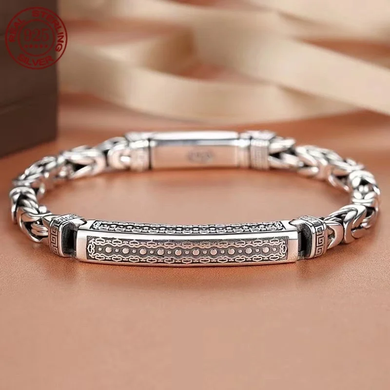 

S925 Silver Vintage Ethnic Style and Peace Pattern Bracelet Simple Men's and Women's Fashion Hip Hop Thai Bracelet Jewelry