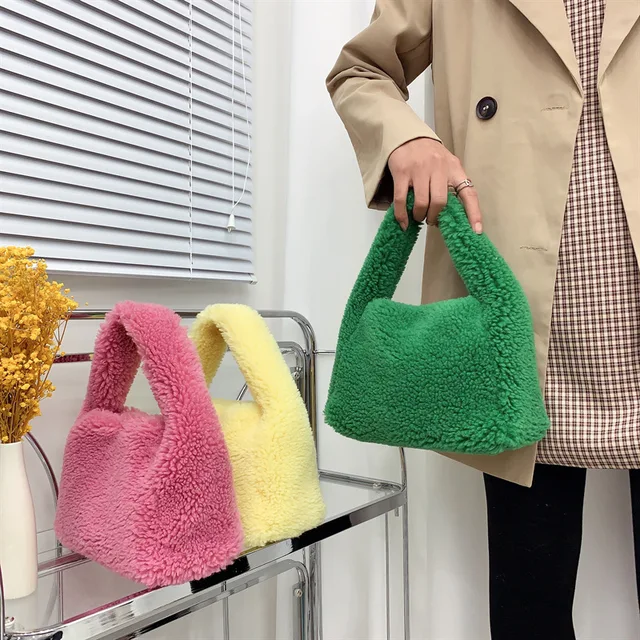 Winter New Lamb Wool Small Bag 2023 Fashion Knotted Faux Fur HandBag Women's Furry Short Handle Clutch Soft Plush Warm Bag