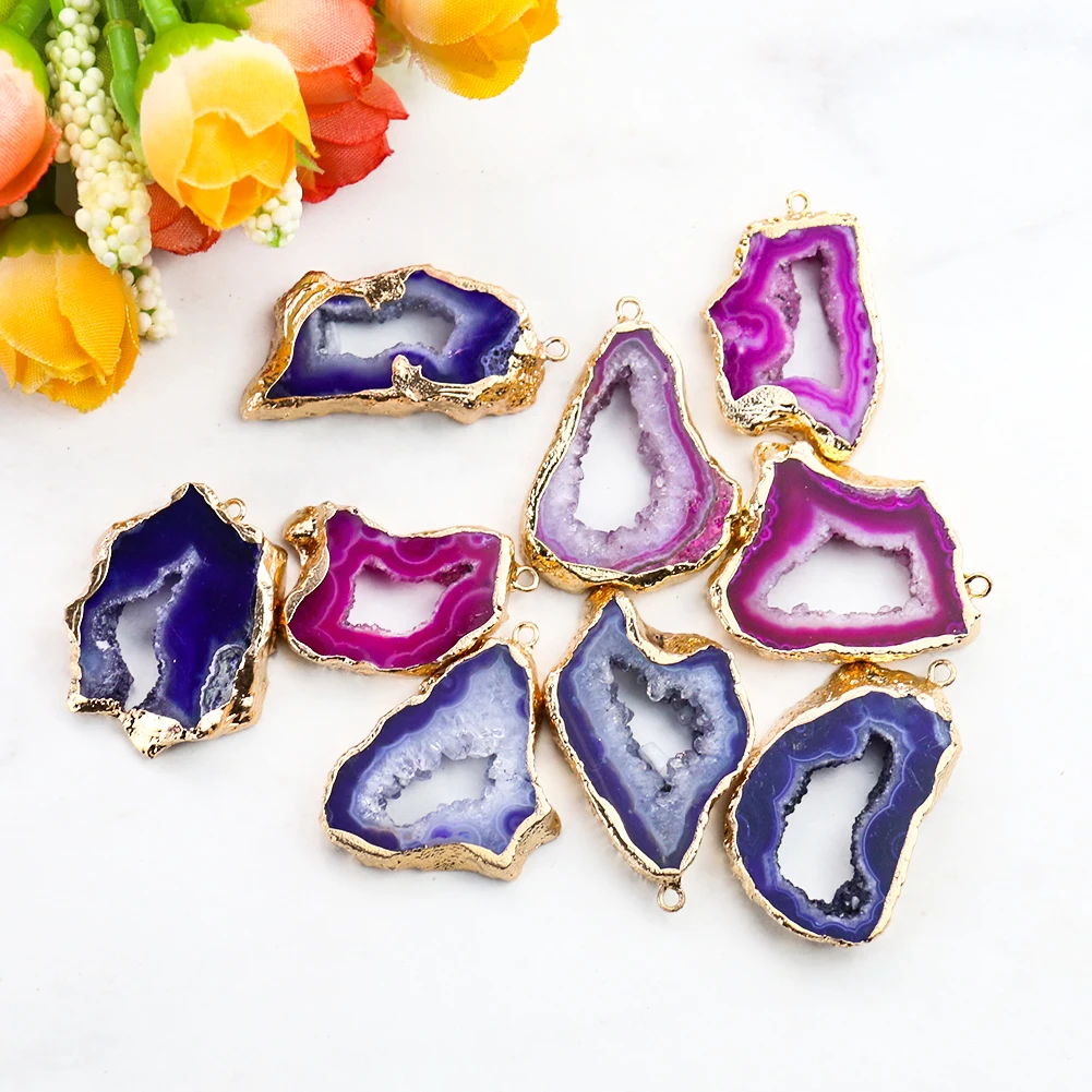 Natural Crystal Slice Pendant Irregular Purple Pink Agate Unique Quartz Druzy Charms Trim DIY Woman Necklace Jewelry Making