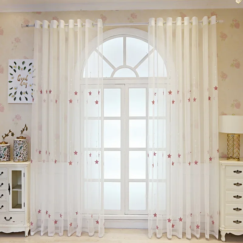 1 pçs, rosa bordado estrela sheer cortinas para o quarto das crianças, tratamento da janela malha tule cortinas sala de estar decoração