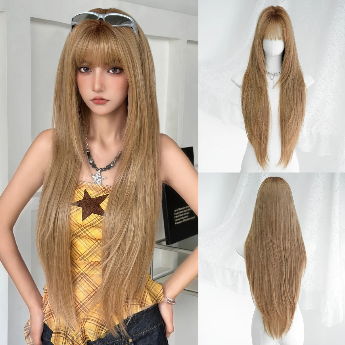 

NAMM Long Straight Light Blonde Wig For Women Dark Roots Natural Straight Hair Wig Synthetic Hair for Heat Resistant Wigs