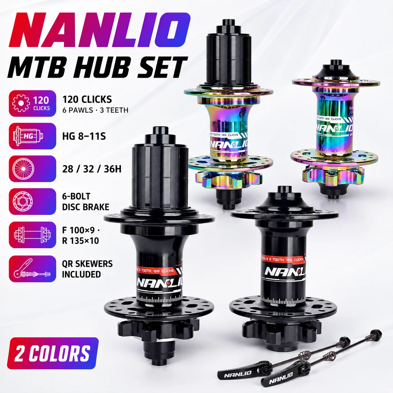 NANLIO Mountain Bike Hub Set Front Rear 120 Clicks 6 Pawls 3 Teeth HG 8-11S 28/32/36H 6-Bolt Disc Brake QR Skewers 100x9 135x10m
