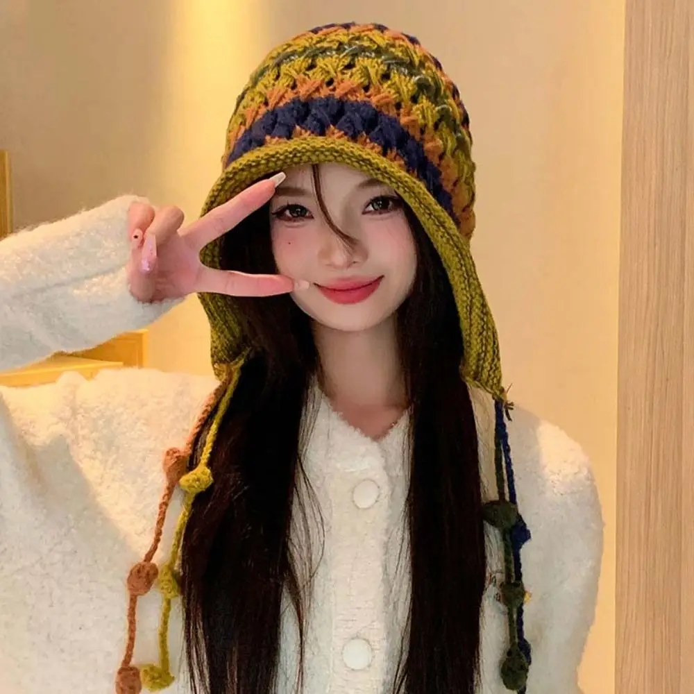 Ear Protection Tassel Ball Knitted Hat Japanese Style Stripe Rainbow Knitted Beanie Windbreak Ear Muff Cap Winter Bomber Hat