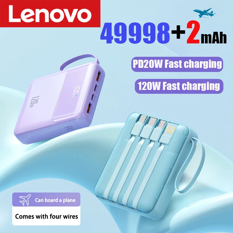 Lenovo 50000mAh Digital Screen Display Mini Power Bank Cable LED for Samsung Huawei iPhone 120W Fast Charging