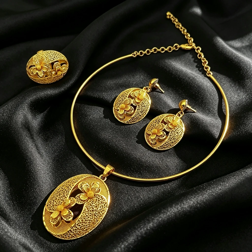 Luxuriöses Äthiopisches 24k Vergoldetes Blumen-Halsketten- und Ohrring-Set für Frauen Indisches Dubai Brautschmuck-Set Hochzeitsgeschenk – Detail 1