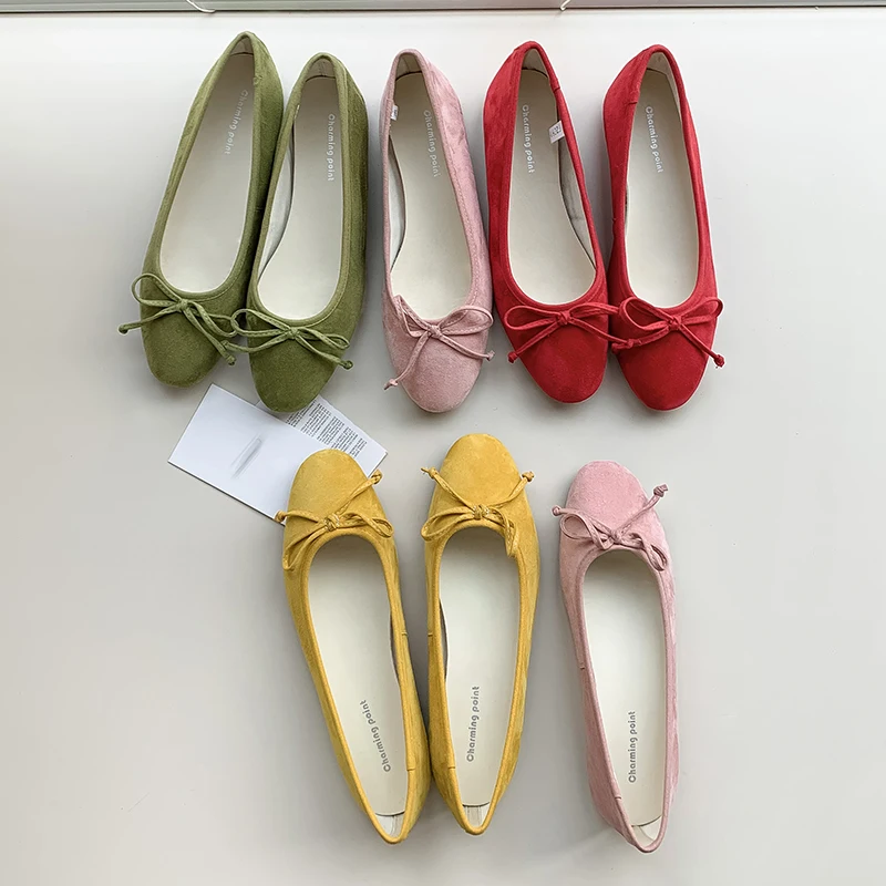 Woman Ballet Flats Spring Single Shoes Girls Candy Color Round Toe Flats Genuine Leather Suede Basic Style Bowtie Simple Shoes