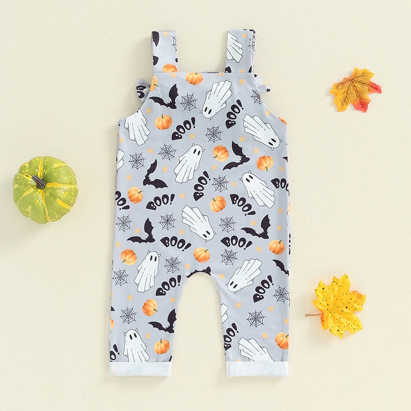 2024-06-04 Lioraitiin Baby Halloween Overalls Romper Ghost Cobweb Print Sleeveless Square Neck Hemming Legs Jumpsuits