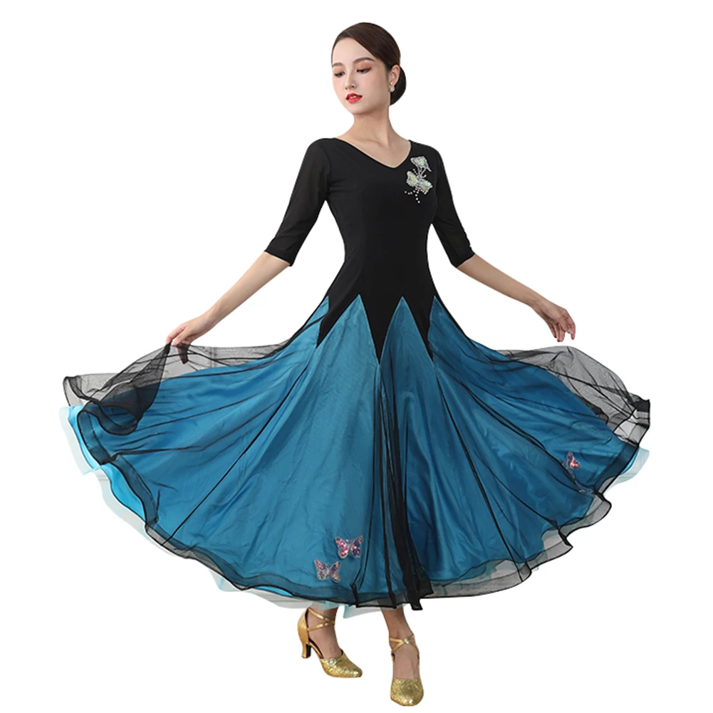 

New Ballroom Dance Dress Women's Elegant Lace Party Modern Costumes Big Swing Waltz Performance Stage Wear Clothes Half Sleeve