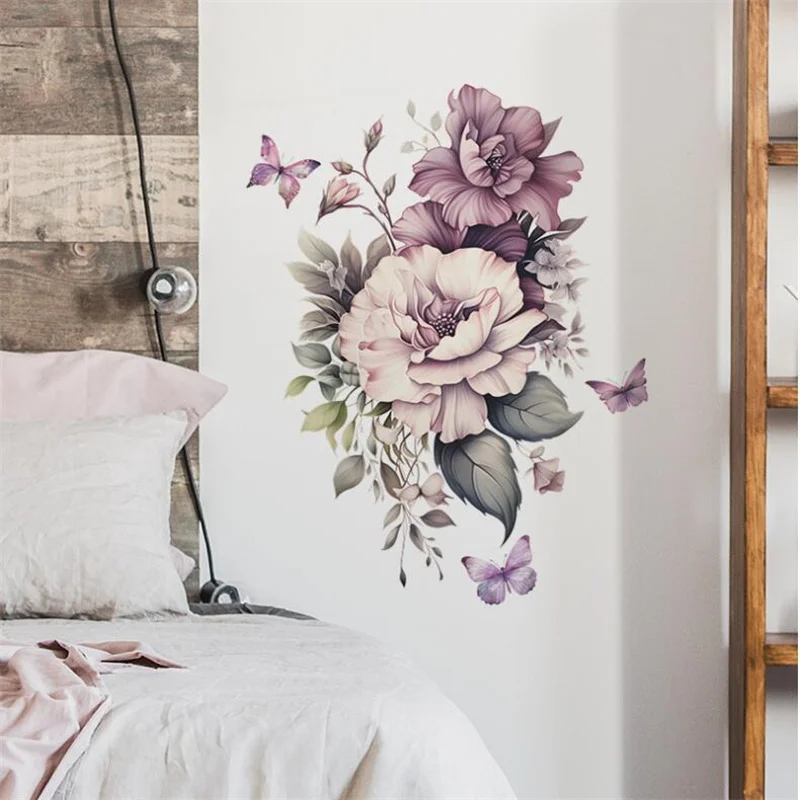 

1PCS Removable Painted Purple Flowers Butterfly Wall Stickers For Bedroom Living Room Foyer Home Decoration Self-Adhesive