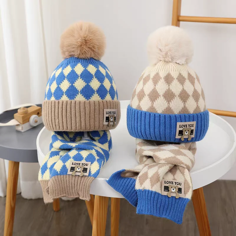 New children's hat set autumn and winter ear protection woolen cap warm girls knitted baby scarf two-piece set