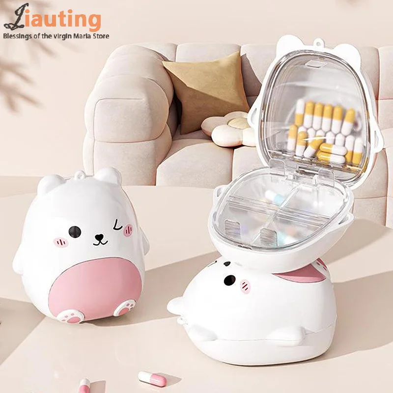 Bonito oso pequeño de dibujos animados, compartimento portátil de doble capa para salir, empaquetado por separado, almacenamiento de medicina, pastillero de plástico, moda