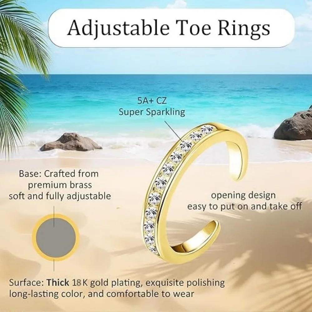 1PCS Gold Plated Shiny CZ Toe Ring for Women Girls Classic Adjustable Fashion Summer Beach Foot Ring Vacation Jewelry Gifts view 3