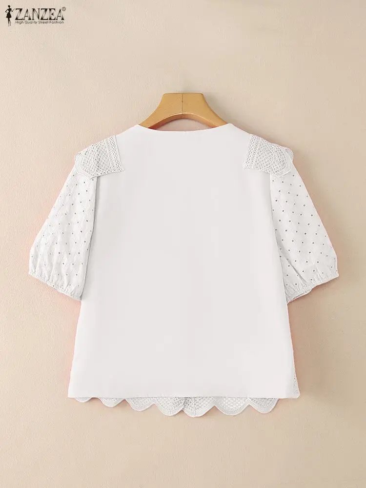 ZANZEA femmes chemisier brodé 2025 été chemise creuse élégant col rond manches courtes hauts élégant vacances Blusas tunique Femme