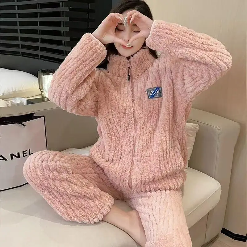 

Пижамный домашний комплект, домашняя одежда для девочек, утолщенная фланель, пижама из кораллового флиса, ночная рубашка, женская верхняя одежда с длинными рукавами, осень-зима