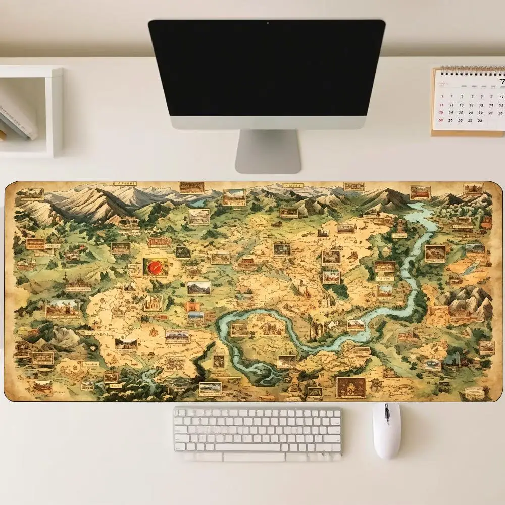Vintage Fantasy World Map Mountain River Large Gaming Mouse Pad XXL Desk Mat Non-Slip Stitched Edge for Adventure Desk Pad