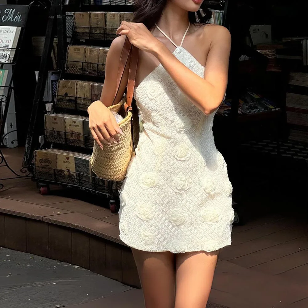 Sexy Mini Dress Summer New Slim Fit Backless Three-dimensional Decoration Hanging Neck Dress for Women