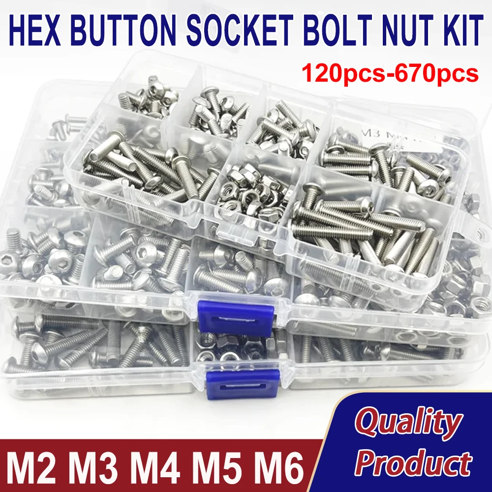 M2 M3 M4 M5 M6 ألين مسدس براغي عدة 304 سداسية من الفولاذ المقاوم للصدأ المسمار المكسرات مجموعة زر جولة رئيس آلة مسامير المكسرات كيت #3