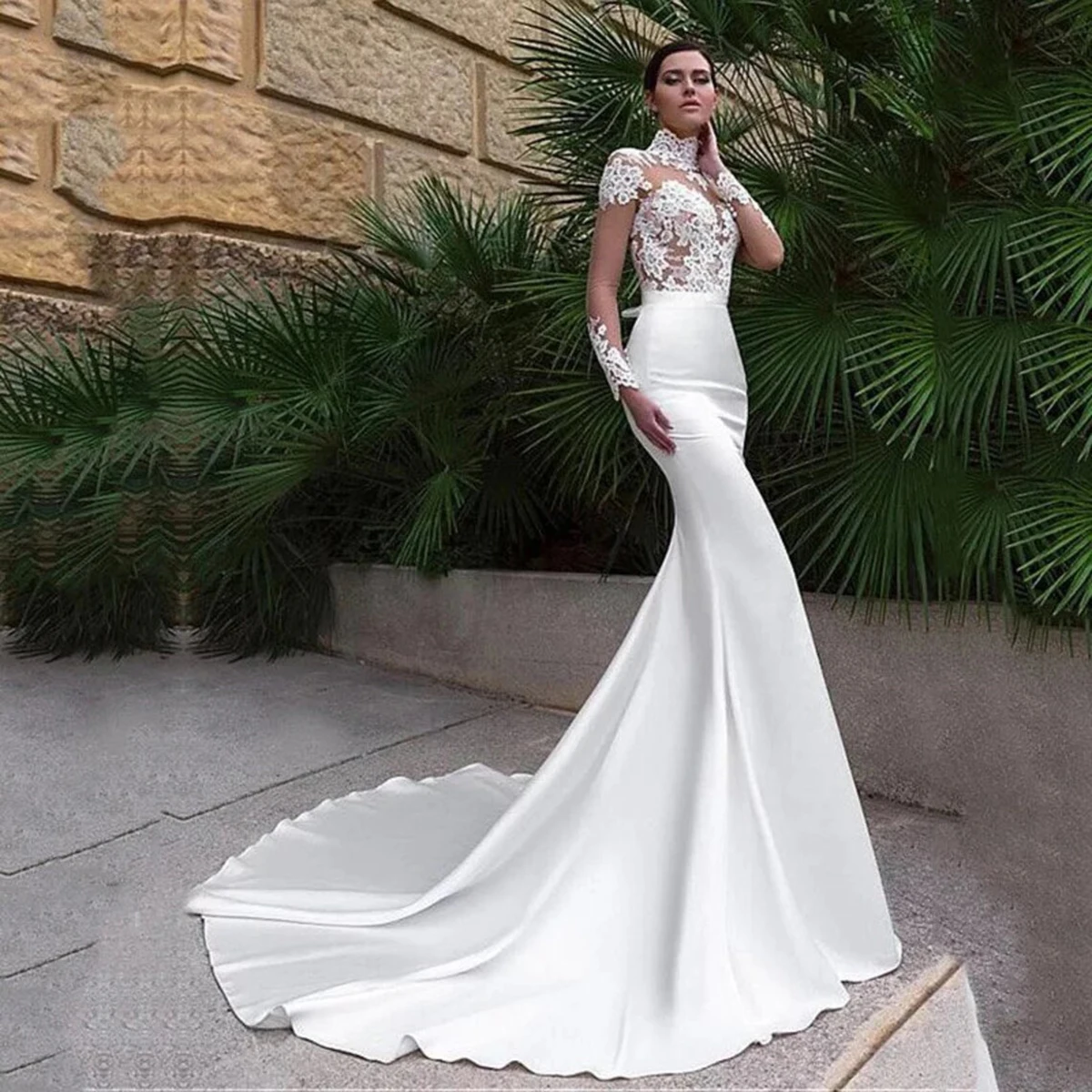 Customized Long Sleeves High Collar Floral Appliqued Wedding Dress Sheer Top Satin Mermaid Fit And Flare Turtleneck Bridal Gowns