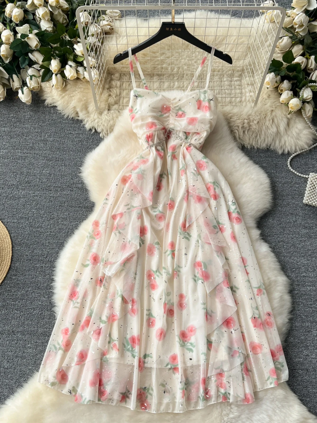 

Elegant Printed Long Suspender Dress Summer New Seaside Vacation Beach Sundresses Diamond Tassel Chiffon Dress