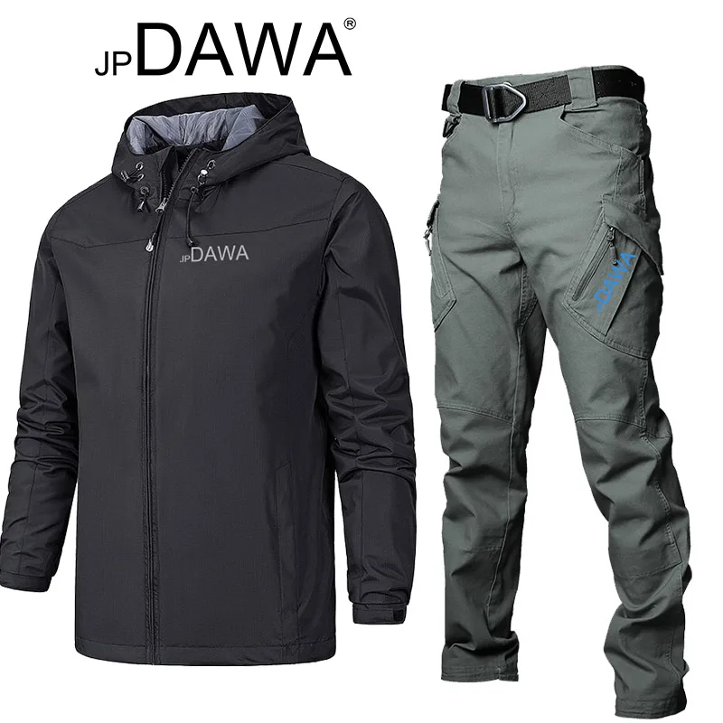 jp Dawa windproof and waterproof fishing suit set men's spring and autumn tactical pants hooded mountaineering windbreaker 2024