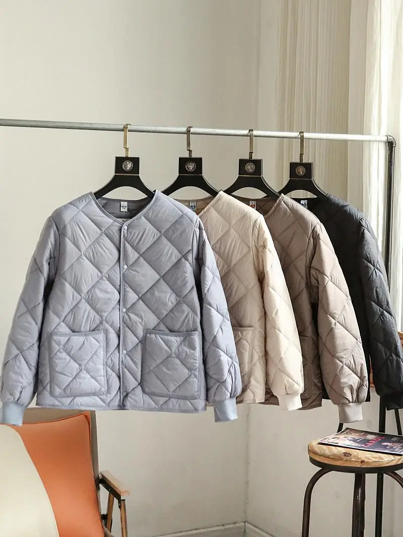 

Хлопковая куртка для пар с ромбовидной строчкой, мужская повседневная теплая куртка с длинными рукавами, на пуговицах, без воротника, хлопковая верхняя одежда