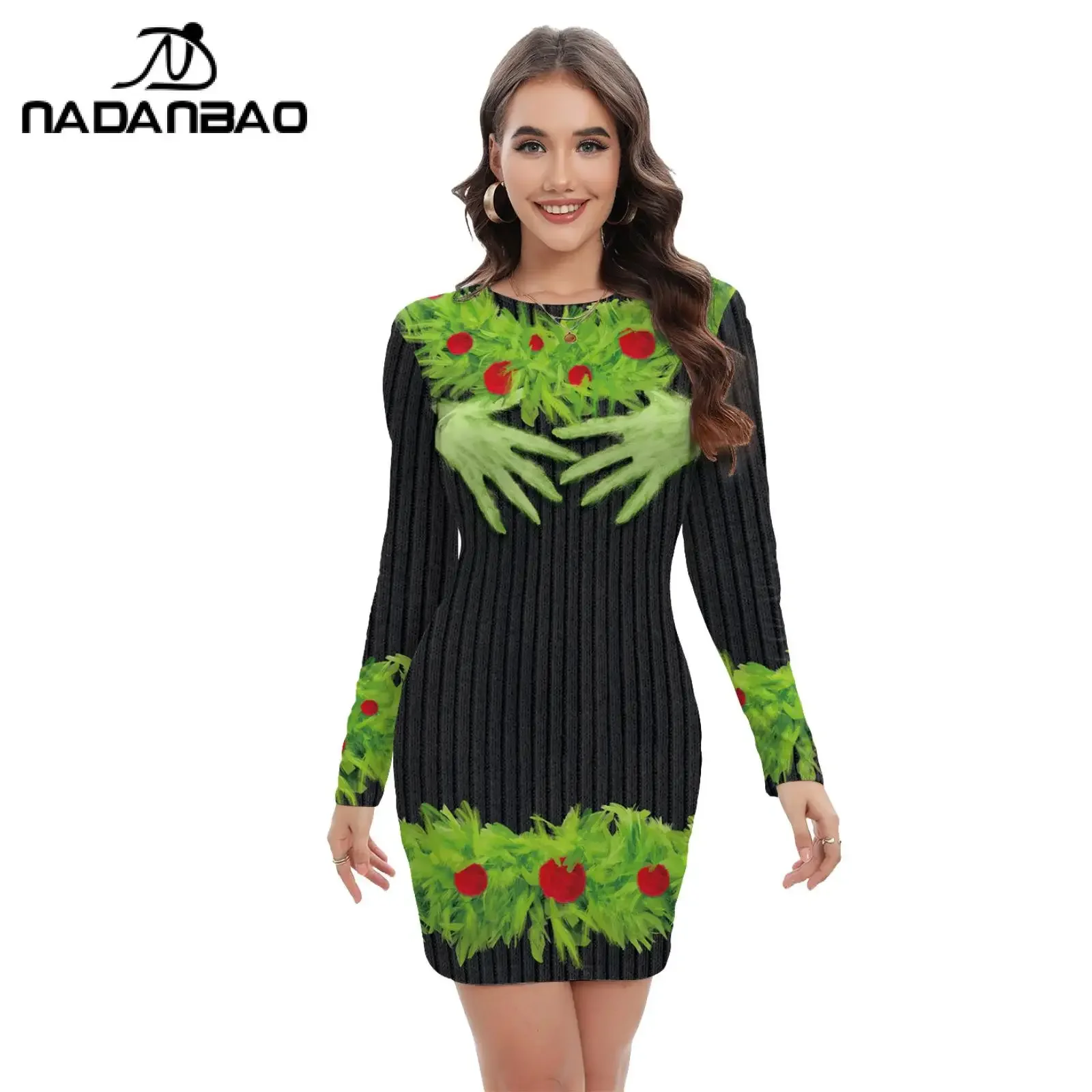 Nadanbao Women 3D Printed Christmas Dress Gingerbread Man Elf Dresses Long Sleeved Bodycon Dress Xmas Holiday Sexy Party Clothes