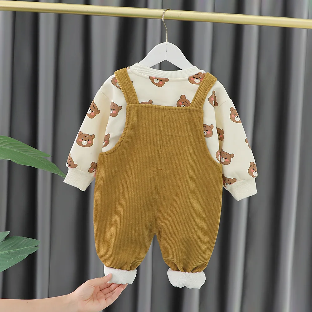 2023 Cute Autumn Winter Baby Boy Clothes Kids 2PCS Clothes Set Long Sleeve Fleece Sweatshirt Cartoon Embroidery Overalls Suit