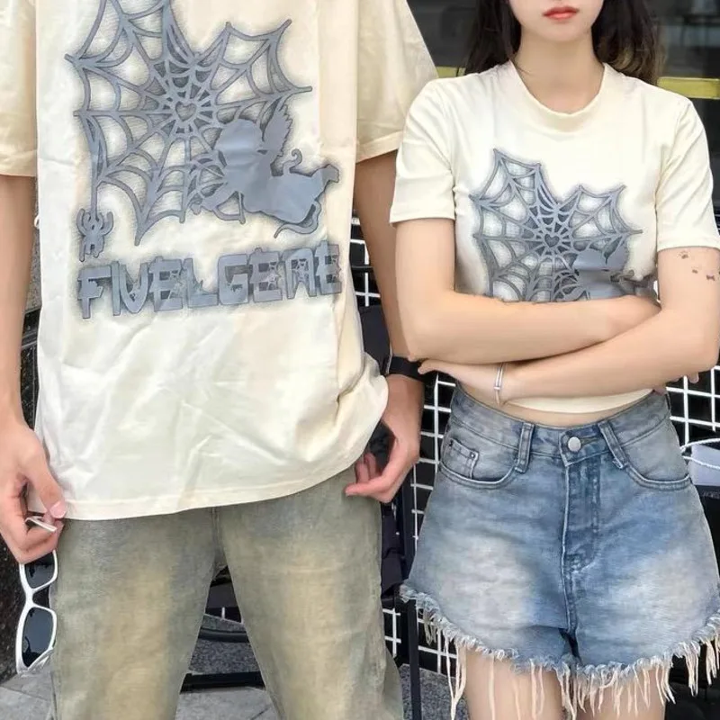 Top corto de algodón con estampado de araña Punk gótico para mujer, camiseta de manga corta de calle alta americana, camiseta de gran tamaño para niña y pareja