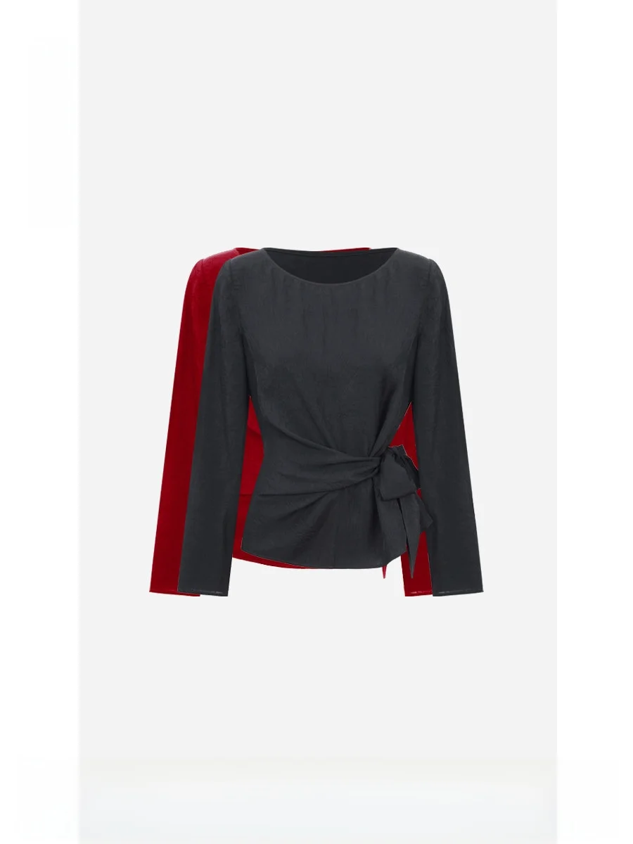 

Wior LAN Acetate Waist-Cinching Rope Top Women's irt Simple Sle Long Sve Skin-friendly Spring Faion LAN