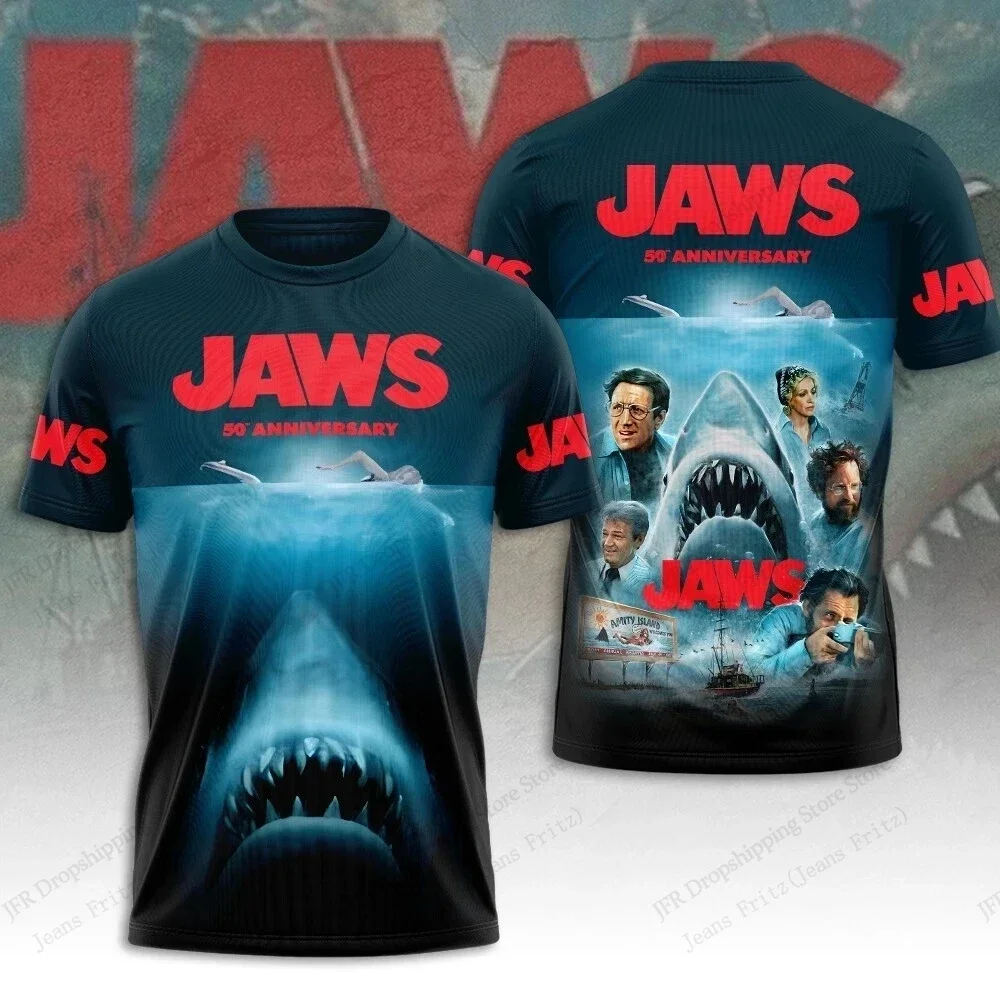 Retro Ocean Shark Graphic Print Men’s Round Neck T‑shirt, Full‑Print Marine Creature Horror Style Casual Short Sleeve Top