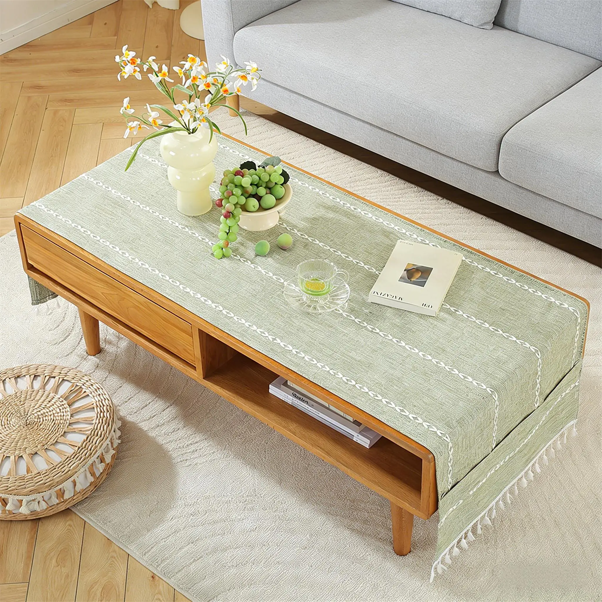 Linen Coffee Table Cloth, Coffee Table Cover with Pockets and Tassel, Jacquard for Living Room, Easy Care Machine Washable