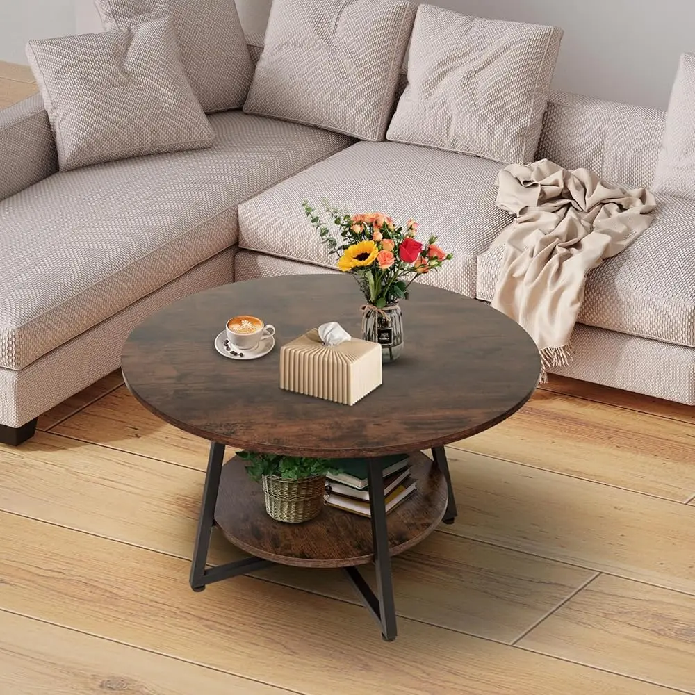 Round Coffee Table, 2-Tier Circle Coffee Table With Storage, Modern Wood Round Center Table, For Living Room, Small Space, Home