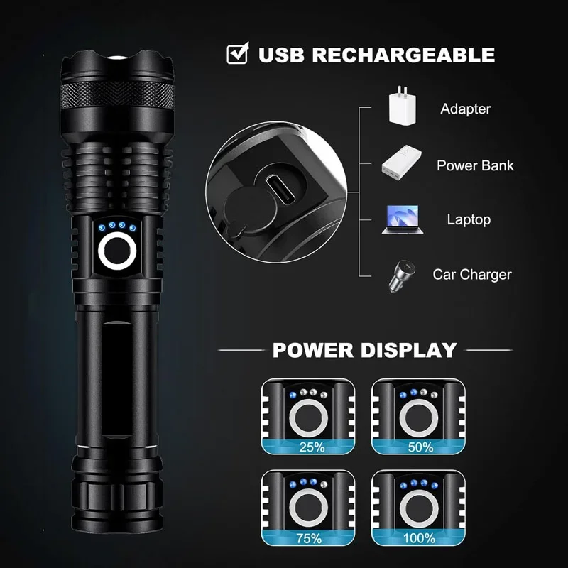 P50 Leistungsstarke LED-Taschenlampe – wiederaufladbare tragbare, ultrahelle Taschenlampe für Outdoor-Camping, Arbeit und Notfall