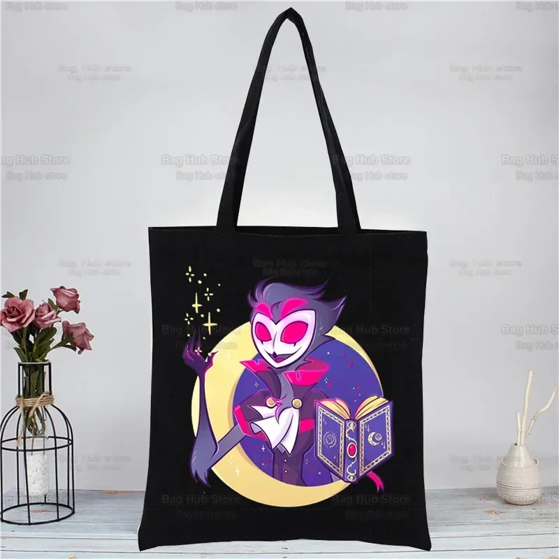 Cartoons Helluva Boss Canvas Tote Bag Mom Reusable Cloth Bag Handbag Shoulder Bags Harajuku Fashion Shopping Black Bags