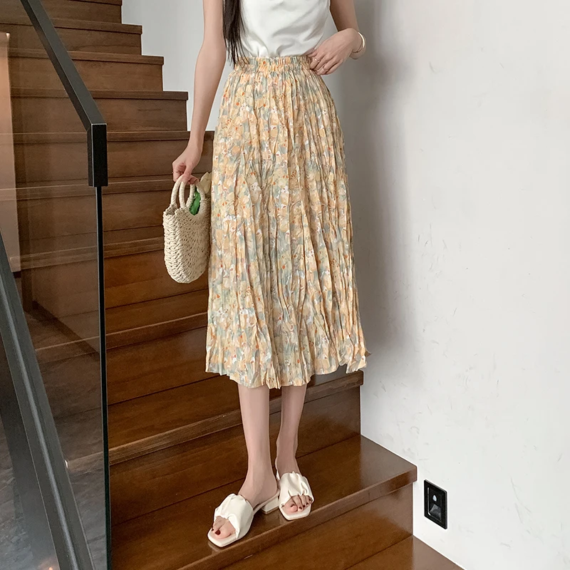 

2023 New Arrival Summer Women Loose Fit Casual Korean Style High Waist Vintage Print A-line Elastic Waist Mid-calf Skirt V360