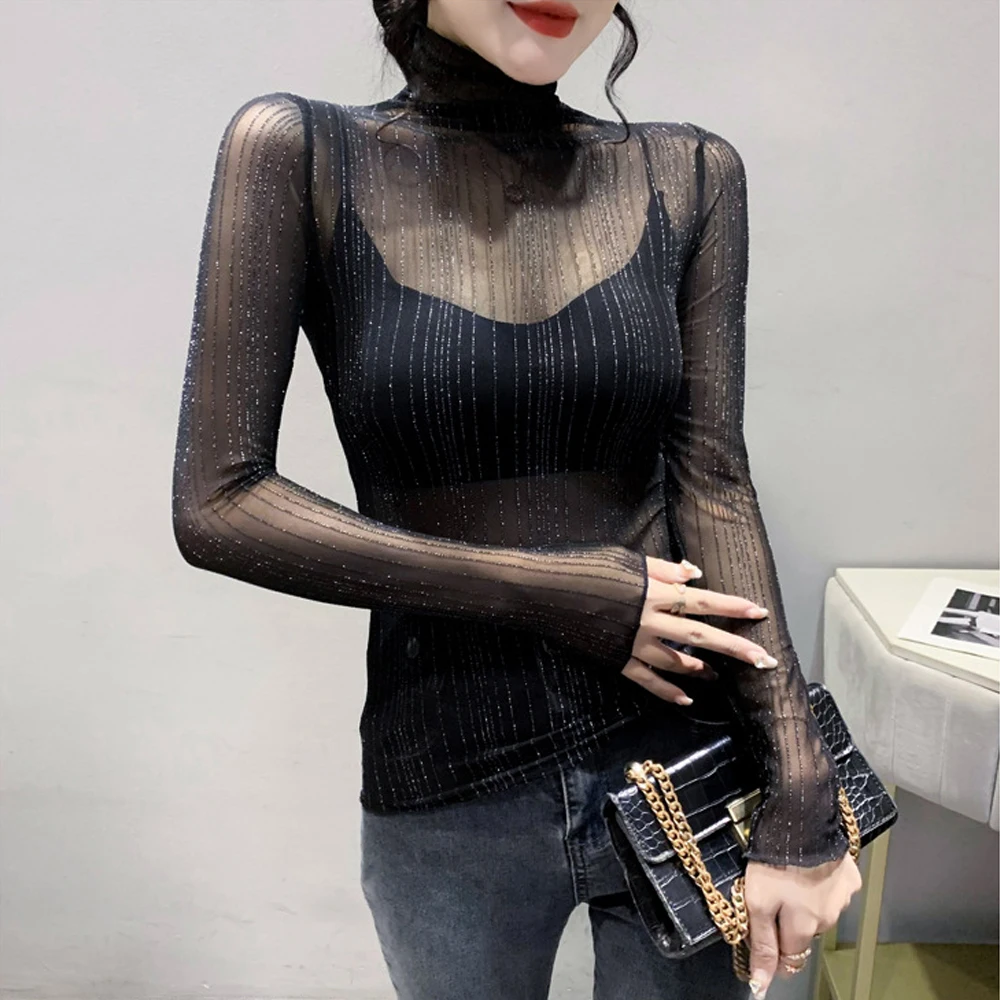

Y2K Long Sleeve Sheer Slim T Shirt Women Turtleneck Shirts Black Lace Tops Girl S-XL See Through Transparent Mesh Female Blouses