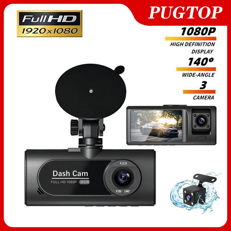 PUGTOP 3 canali Dash Cam HD 1080P 3-Lens all\'interno del veicolo DashCam visione notturna registratore dvr per auto monitoraggio del parcheggio