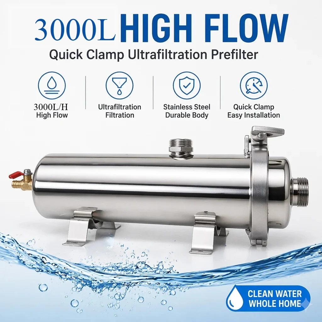 3000L High‑Flow Whole House UF Water Purifier, 0.01μm Washable Reusable PVDF Membrane Stainless Steel Mineral Water Filter