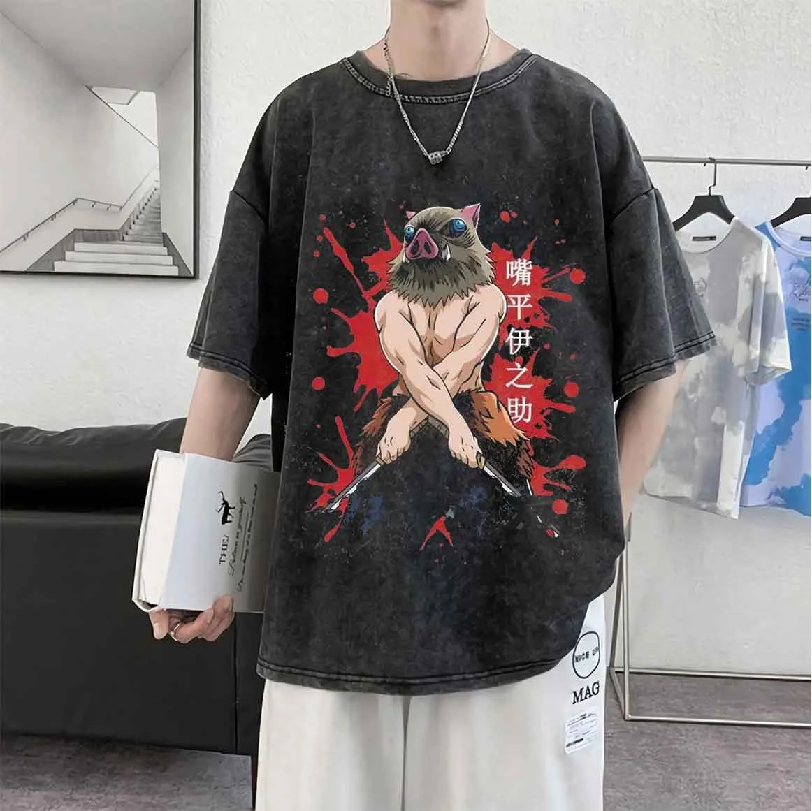 

Anime Demon Slayer Vintage Washed Men's T Shirts Oversized Y2k Clothes Streetwear Women's Short Sleeved Tee Casual Tops Summer