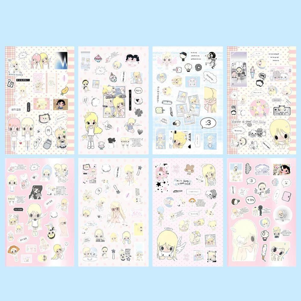 16 Blatt handgezeichnete Cartoon-Aufkleber mit koreanischen Mädchen im Anime-Ins-Stil, DIY-Spielzeug für Telefon, Reisetasche, ästhetische Aufkleber, kreative Geschenke – Detail 6