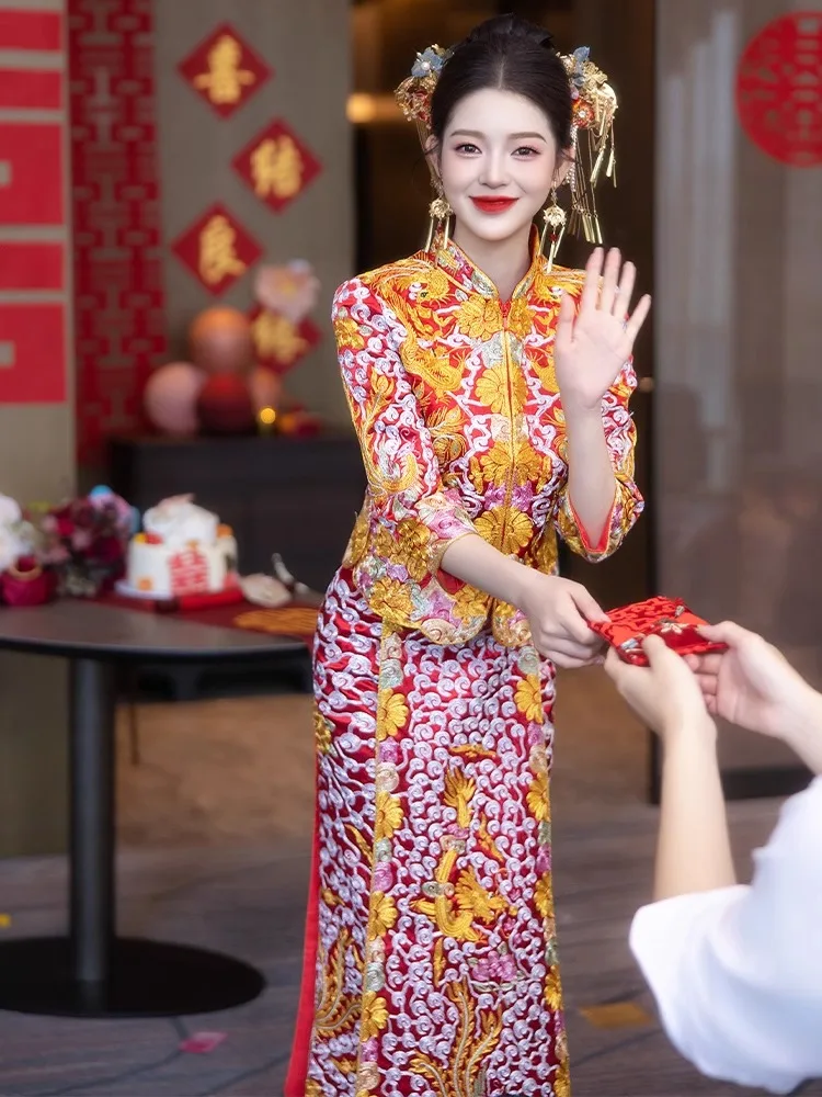 

Dragon And Phoenix Costume Royal ow He Wedding Dr Slimming 2025 New Sle Chinese Traditional Bridesmaid Gown ort Size