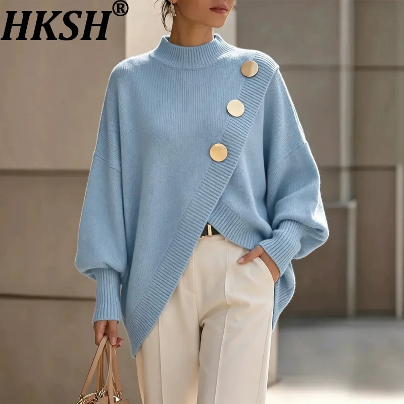 HKSH Women Sweater Solid Color Long Sleeve Casual Irregular Design Elegant Ins Loose Niche Patchwork Pullover Autumn New HK28087