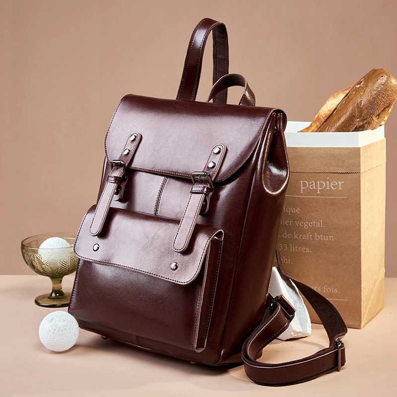 Genuine Leather Backpack for Women Vintage Preppy Style Backpacks Girls Fashion Cowhide School Bag Student Computer Bags 2300