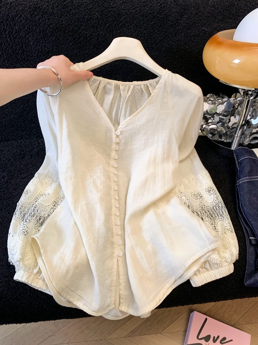 

Ladies Loose Casual V-Neck Embroidered Long Sleeve Sun Protection Shirt Lantern Sleeve Top Hollow out Design Polyester Fiber