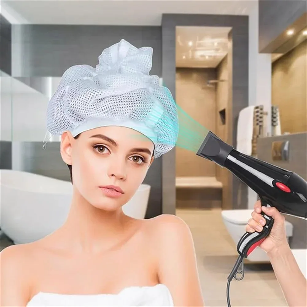 Tappo a rete per asciugare i capelli ricci con coulisse cuffia regolabile per capelli di grandi dimensioni in rete per asciugare i capelli Soulta Net Plopping Bonnet