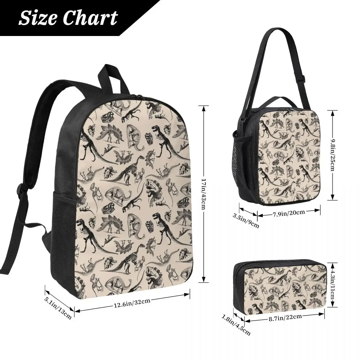 Vintage Museum Dinosaurs And Skeletons Black And Cream Backpack Student BookBag School Bag 3ps Insulated Lunch Bag Pencil Case